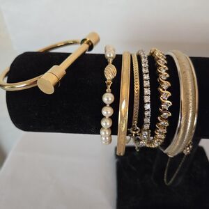 Lot of 7 Gold Tone Bracelets Some Vintage - Crystal Tennis Bracelets